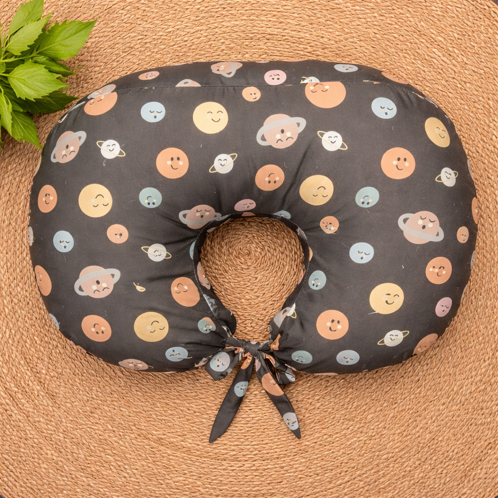 (Medium)Pure Cotton Feeding Pillow for Newborn Baby – Nursing Support Cushion for new mom -BROWN WITH PLANETScode:NBE
